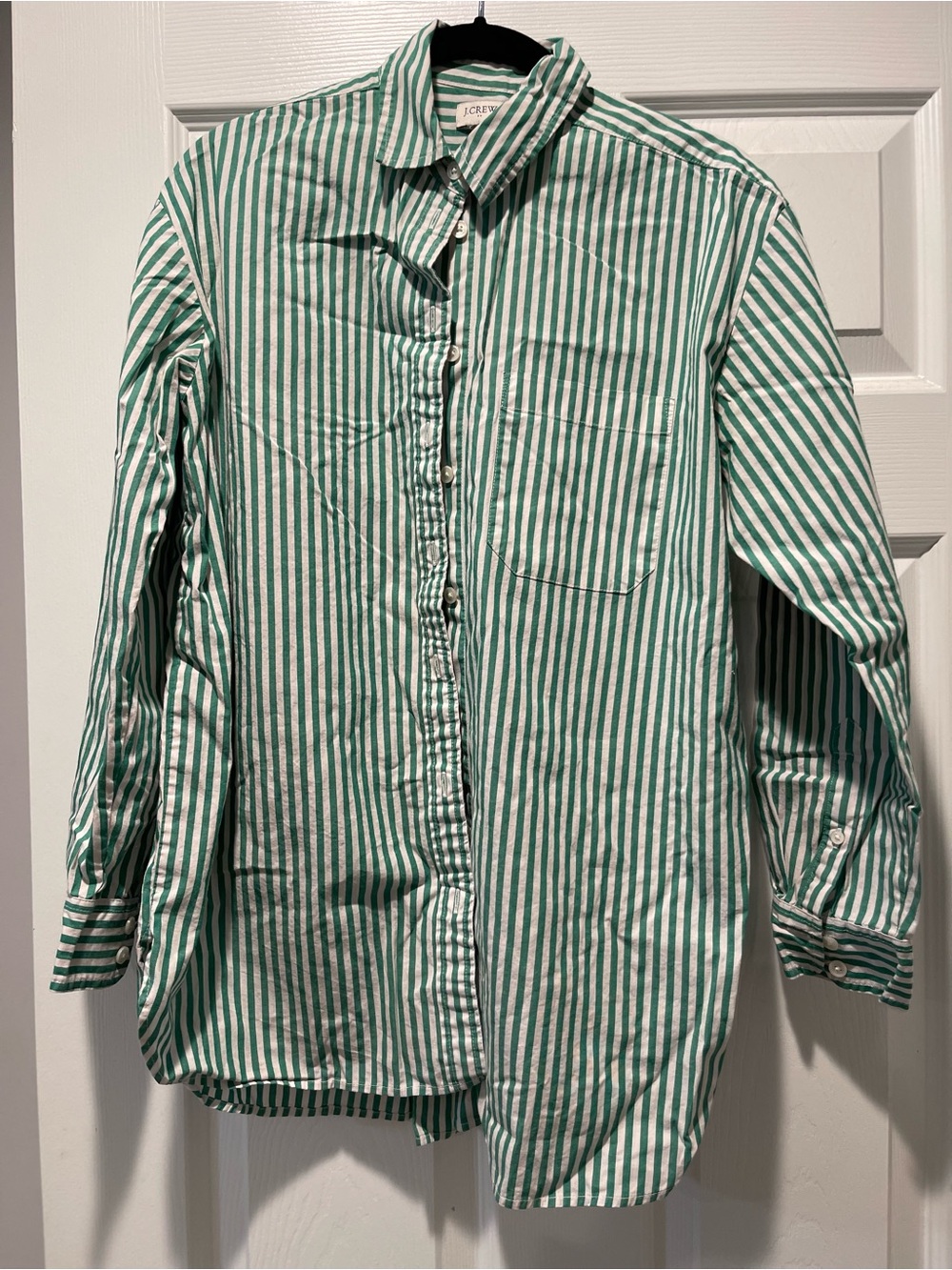 J. Crew Green and White Vertical Stripe Button-Down Shirt *NOTE size tag is gone